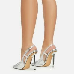 EGO Cruela Lace Up Bow Diamante Stud Detail Pointed Toe Slingback Metallic Stiletto Heel In Silver Faux Leather -EGO Sales Store 06 01 23 fw42209 sb