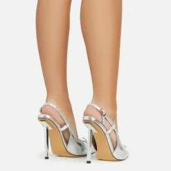 EGO Cruela Lace Up Bow Diamante Stud Detail Pointed Toe Slingback Metallic Stiletto Heel In Silver Faux Leather -EGO Sales Store 06 01 23 fw42210 sb2