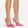 EGO Cruela Lace Up Bow Diamante Stud Detail Pointed Toe Slingback Metallic Stiletto Heel In Pink Satin -EGO Sales Store 06 01 23 fw42217 s