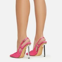 EGO Cruela Lace Up Bow Diamante Stud Detail Pointed Toe Slingback Metallic Stiletto Heel In Pink Satin -EGO Sales Store 06 01 23 fw42219 sb