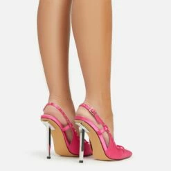 EGO Cruela Lace Up Bow Diamante Stud Detail Pointed Toe Slingback Metallic Stiletto Heel In Pink Satin -EGO Sales Store 06 01 23 fw42220 sb2