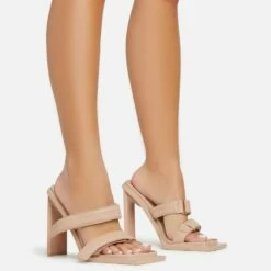 EGO Velma Double Velcro Strap Square Toe Thin Curved Block Heel Mule In Nude Faux Leather