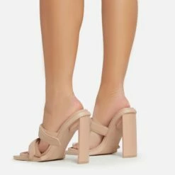 EGO Velma Double Velcro Strap Square Toe Thin Curved Block Heel Mule In Nude Faux Leather -EGO Sales Store 06 01 23 fw42244 sb