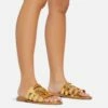 EGO Milli Caged Detail Flat Slider Sandal In Gold Croc Print Faux Leather