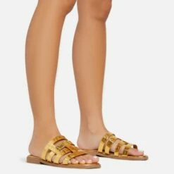 EGO Milli Caged Detail Flat Slider Sandal In Gold Croc Print Faux Leather