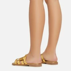 EGO Milli Caged Detail Flat Slider Sandal In Gold Croc Print Faux Leather -EGO Sales Store 06 01 23 fw42330 sb2