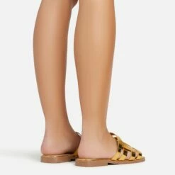 EGO Milli Caged Detail Flat Slider Sandal In Gold Croc Print Faux Leather -EGO Sales Store 06 01 23 fw42331 sb2