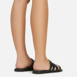 EGO Milli Caged Detail Flat Slider Sandal In Black Croc Print Faux Leather -EGO Sales Store 06 01 23 fw42344 sb2