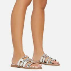 EGO Milli Caged Detail Flat Slider Sandal In Silver Croc Print Faux Leather