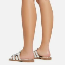 EGO Milli Caged Detail Flat Slider Sandal In Silver Croc Print Faux Leather -EGO Sales Store 06 01 23 fw42348 sb