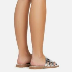 EGO Milli Caged Detail Flat Slider Sandal In Silver Croc Print Faux Leather -EGO Sales Store 06 01 23 fw42349 sb2