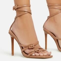 EGO Brady Double Buckle Strap Detail Square Toe Stiletto Heel In Nude Faux Leather -EGO Sales Store 06 01 23 fw42352 sq