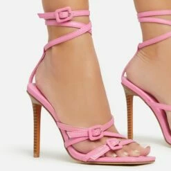 EGO Brady Double Buckle Strap Detail Square Toe Stiletto Heel In Pink Faux Leather -EGO Sales Store 06 01 23 fw42357 sq