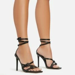 EGO Brady Double Buckle Strap Detail Square Toe Stiletto Heel In Black Faux Leather