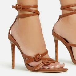 EGO Brady Double Buckle Strap Detail Square Toe Stiletto Heel In Tan Brown Faux Leather -EGO Sales Store 06 01 23 fw42367 sq