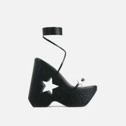 EGO Starry-Eyed Lace Up Star Detail Platform Wedge Heel In Black Faux Leather