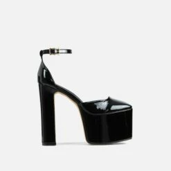 EGO Popped Ankle Strap Square Toe Platform Block Heel In Black Patent -EGO Sales Store 06 01 23 fw42395 sq