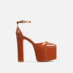 EGO Popped Ankle Strap Square Toe Platform Block Heel In Tan Brown Patent -EGO Sales Store 06 01 23 fw42396 sq
