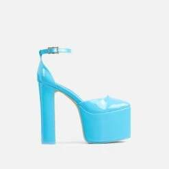 EGO Popped Ankle Strap Square Toe Platform Block Heel In Blue Patent -EGO Sales Store 06 01 23 fw42397 sq