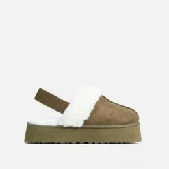 EGO Head-High Faux Fur Trim Sling Back Platform Slipper In Green Faux Suede -EGO Sales Store 06 01 23 fw42410 sq