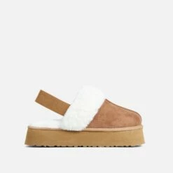 EGO Head-High Faux Fur Trim Sling Back Platform Slipper In Chestnut Brown Faux Suede -EGO Sales Store 06 01 23 fw42411 sq