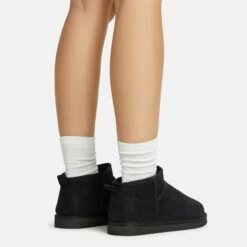 EGO Ultra Mini Ankle Length Faux Fur Lining Boots In Black Faux Suede -EGO Sales Store 06 01 23 fw45885 sq