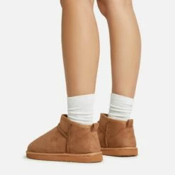 EGO Ultra Mini Ankle Length Faux Fur Lining Boots In Chestnut Brown Faux Suede -EGO Sales Store 06 01 23 fw45889 sq