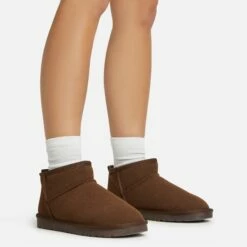 EGO Ultra Mini Ankle Length Faux Fur Lining Boots In Dark Brown Faux Suede