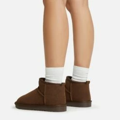 EGO Ultra Mini Ankle Length Faux Fur Lining Boots In Dark Brown Faux Suede -EGO Sales Store 06 01 23 fw45924 sq