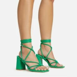 EGO Ballerine Knotted Strappy Detail Lace Up Square Toe Block Heel In Green Faux Leather