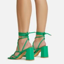 EGO Ballerine Knotted Strappy Detail Lace Up Square Toe Block Heel In Green Faux Leather -EGO Sales Store 06 01 23 fw45987 sq