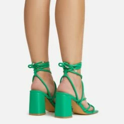 EGO Ballerine Knotted Strappy Detail Lace Up Square Toe Block Heel In Green Faux Leather -EGO Sales Store 06 01 23 fw45988 sq