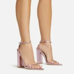 EGO Compass Ankle Strap Pointed Toe Block Heel In Pink Metallic Faux Leather