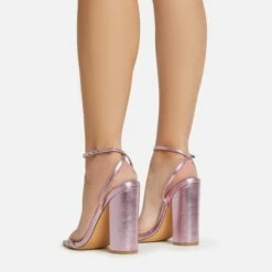 EGO Compass Ankle Strap Pointed Toe Block Heel In Pink Metallic Faux Leather -EGO Sales Store 06 01 23 fw46034 sq