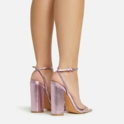 EGO Compass Ankle Strap Pointed Toe Block Heel In Pink Metallic Faux Leather -EGO Sales Store 06 01 23 fw46035 sq