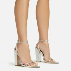 EGO Compass Ankle Strap Pointed Toe Block Heel In Silver Metallic Faux Leather