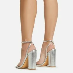 EGO Compass Ankle Strap Pointed Toe Block Heel In Silver Metallic Faux Leather -EGO Sales Store 06 01 23 fw46039 sq
