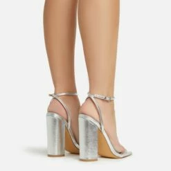 EGO Compass Ankle Strap Pointed Toe Block Heel In Silver Metallic Faux Leather -EGO Sales Store 06 01 23 fw46040 sq