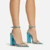 EGO Compass Ankle Strap Pointed Toe Block Heel In Blue Metallic Faux Leather