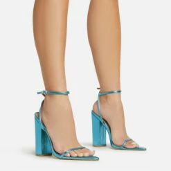 EGO Compass Ankle Strap Pointed Toe Block Heel In Blue Metallic Faux Leather