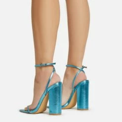 EGO Compass Ankle Strap Pointed Toe Block Heel In Blue Metallic Faux Leather -EGO Sales Store 06 01 23 fw46044 sq