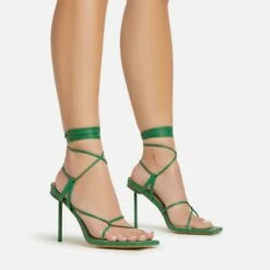 EGO Spider Lace Up Knotted Strap Detail Square Toe Thin Stiletto Heel In Green Faux Leather