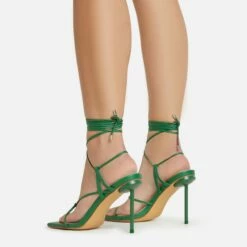 EGO Spider Lace Up Knotted Strap Detail Square Toe Thin Stiletto Heel In Green Faux Leather -EGO Sales Store 06 01 23 fw46054 sb