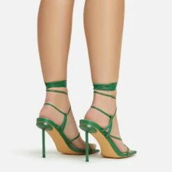 EGO Spider Lace Up Knotted Strap Detail Square Toe Thin Stiletto Heel In Green Faux Leather -EGO Sales Store 06 01 23 fw46055 sb2