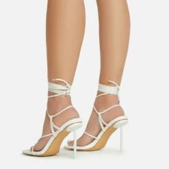 EGO Spider Lace Up Knotted Strap Detail Square Toe Thin Stiletto Heel In White Faux Leather -EGO Sales Store 06 01 23 fw46059 sb