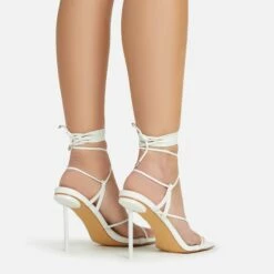 EGO Spider Lace Up Knotted Strap Detail Square Toe Thin Stiletto Heel In White Faux Leather -EGO Sales Store 06 01 23 fw46060 sb2