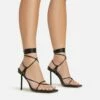 EGO Spider Lace Up Knotted Strap Detail Square Toe Thin Stiletto Heel In Black Faux Leather