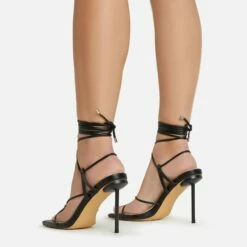 EGO Spider Lace Up Knotted Strap Detail Square Toe Thin Stiletto Heel In Black Faux Leather -EGO Sales Store 06 01 23 fw46064 sb