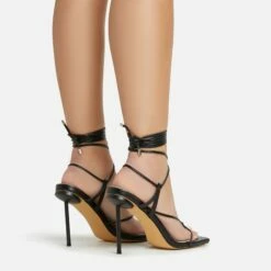 EGO Spider Lace Up Knotted Strap Detail Square Toe Thin Stiletto Heel In Black Faux Leather -EGO Sales Store 06 01 23 fw46065 sb2