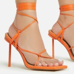 EGO Spider Lace Up Knotted Strap Detail Square Toe Thin Stiletto Heel In Orange Faux Leather -EGO Sales Store 06 01 23 fw46068 sq